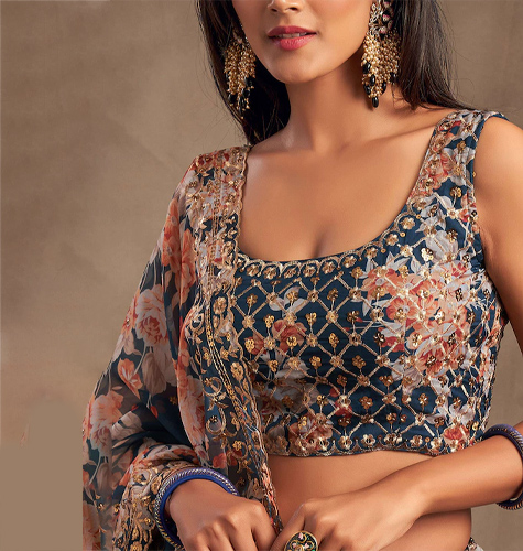 Blue & Peach-Coloured Embroidered Sequinned Shibori Semi-Stitched Lehenga & Unstitched Blouse With